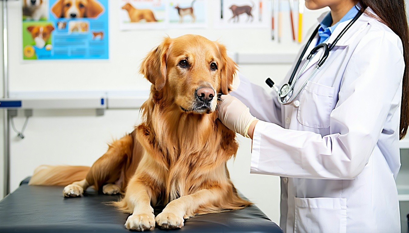 A realistic image of a dog sitting on an examination table in a veterinary clinic The dog a mediumsized golden retriever has a calm expression with its ears perked up and big brown eyes looking gently at a veterinarian nearby The clinic is welllit wi